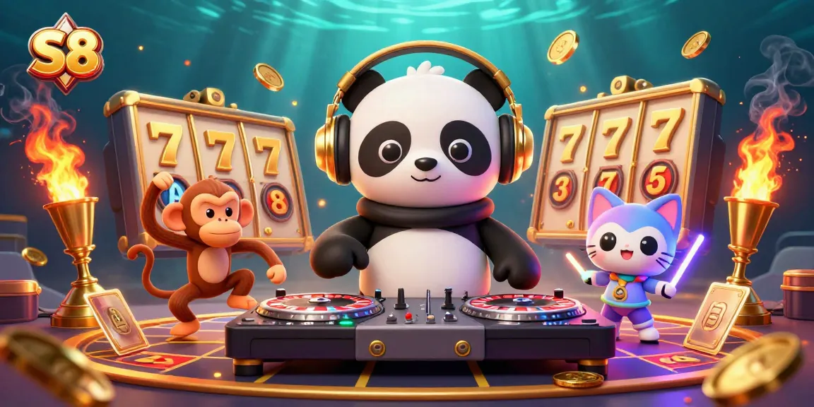 S8 offers vibrant 3D action with a DJ panda, breakdancing monkey, and rave kitten amidst exciting slot game elements.