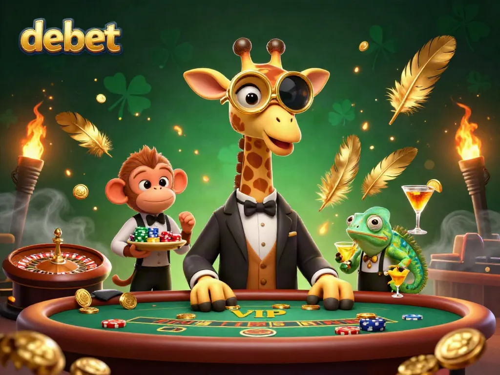 Engage with debet's fun casino experience featuring a giraffe, monkey, and chameleon in action.