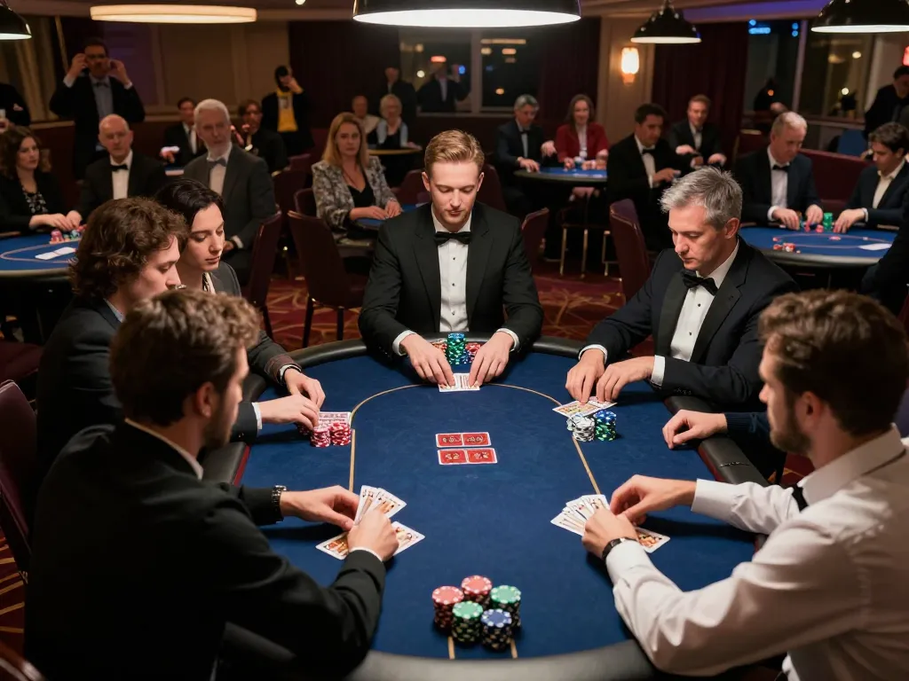 Players in a poker game at a lively casino venue showcasing strategic gameplay and excitement on alo8net platform