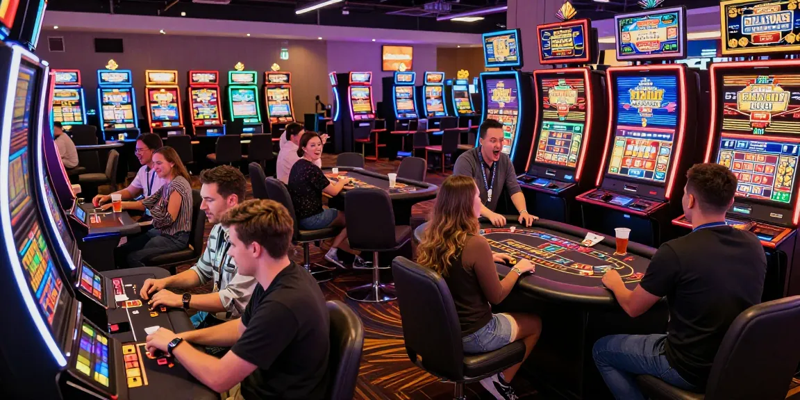 Spannende Paysafe Card Casino-Szene mit verschiedenen Spielern an Spielautomaten und Tischen, die Gewinne feiern.