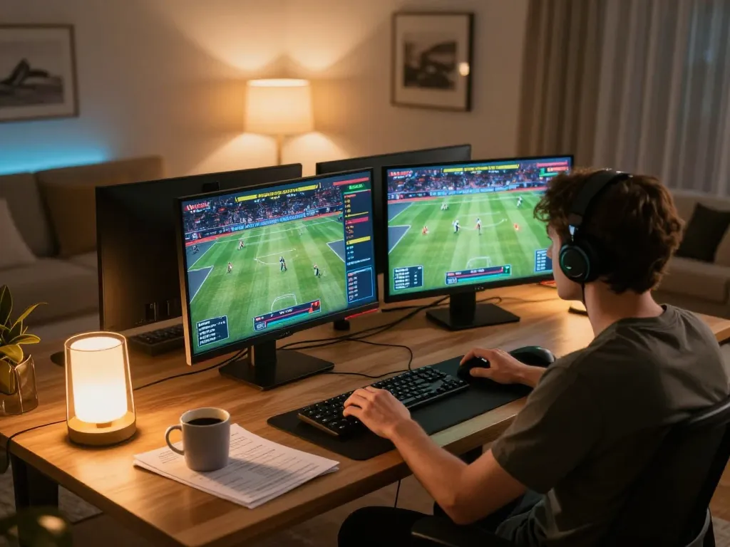 Xoilac user engaged in online sports betting with multiple screens displaying live matches.