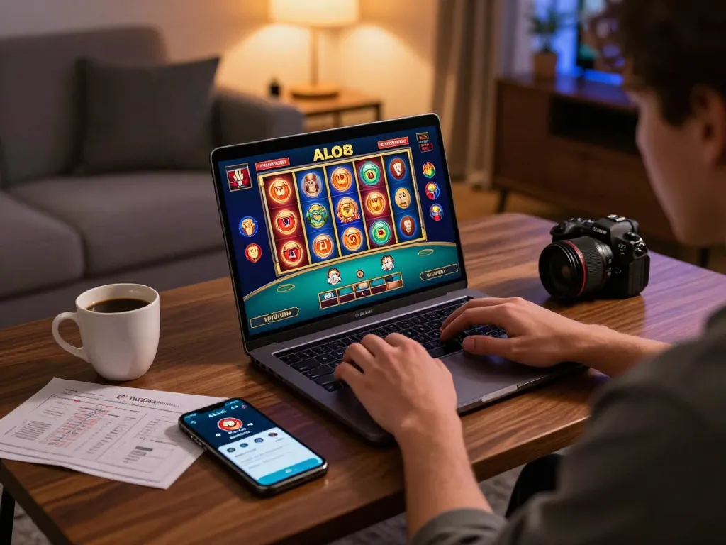 Player engaged in ALO8 casino games on laptop, showcasing immersive online gambling experience.