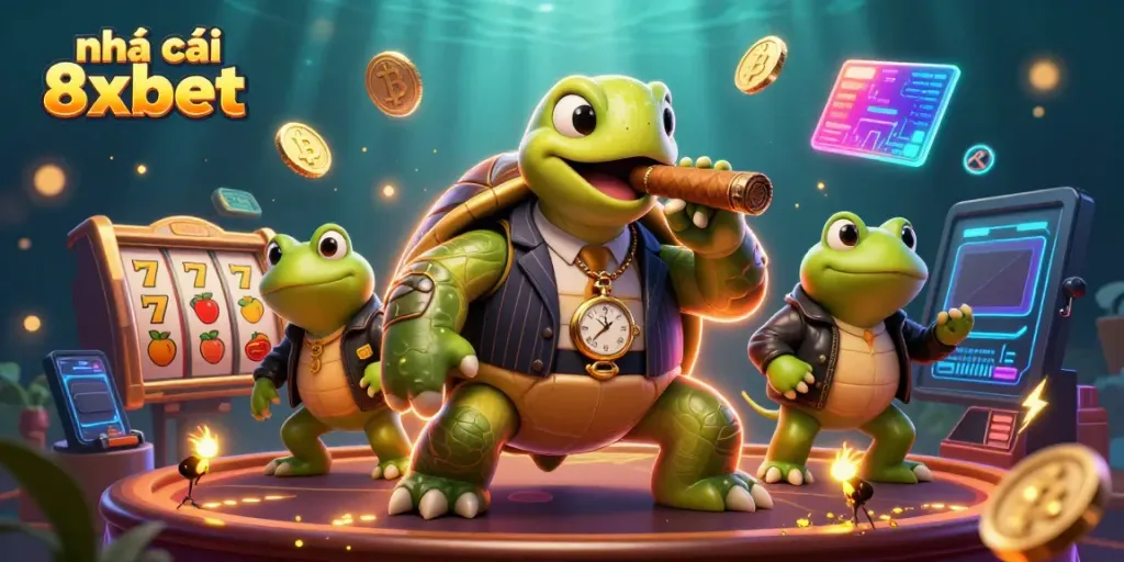 Join the thrilling action at nhà cái 8xbet with a vibrant scene featuring a turtle mobster and bullfrog enforcers amidst colorful slot reels.