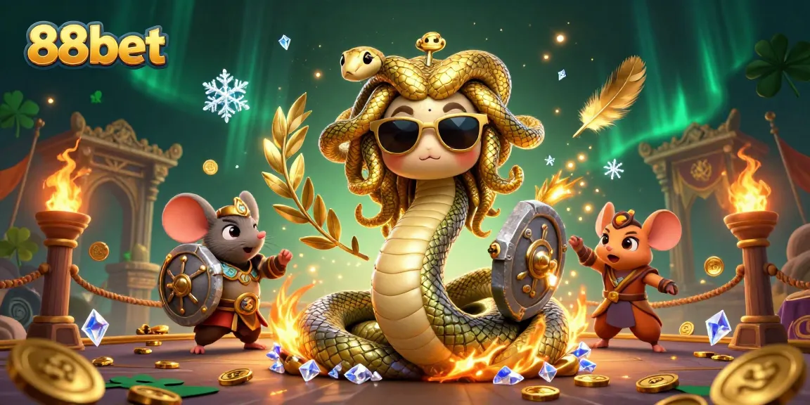 Experience thrilling gaming action at 88bet featuring a friendly Medusa, a warrior mouse, and dynamic casino elements.