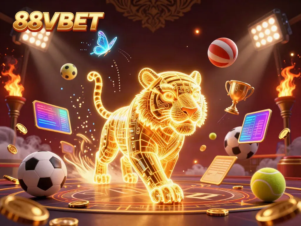 Engage with 88VBET in a vibrant digital casino scene featuring a golden tiger, sports balls, and dynamic game elements.