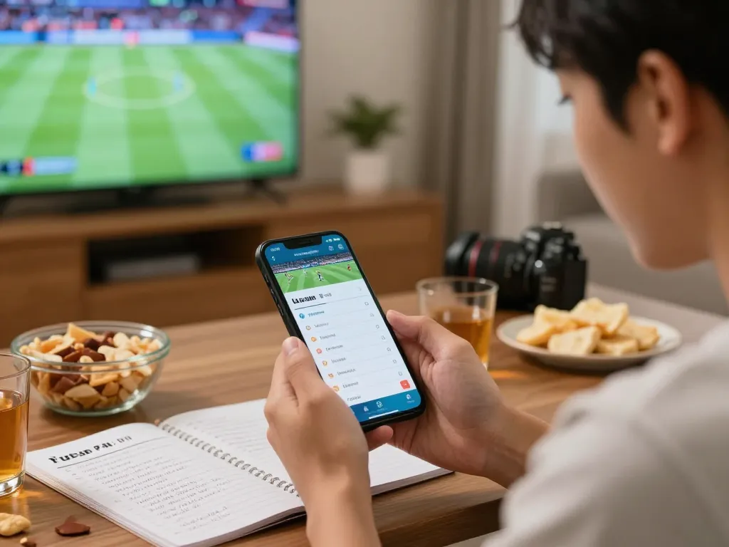Person betting on แทงบอล through smartphone app, enjoying sports match at home, strategic atmosphere, engaging environment.