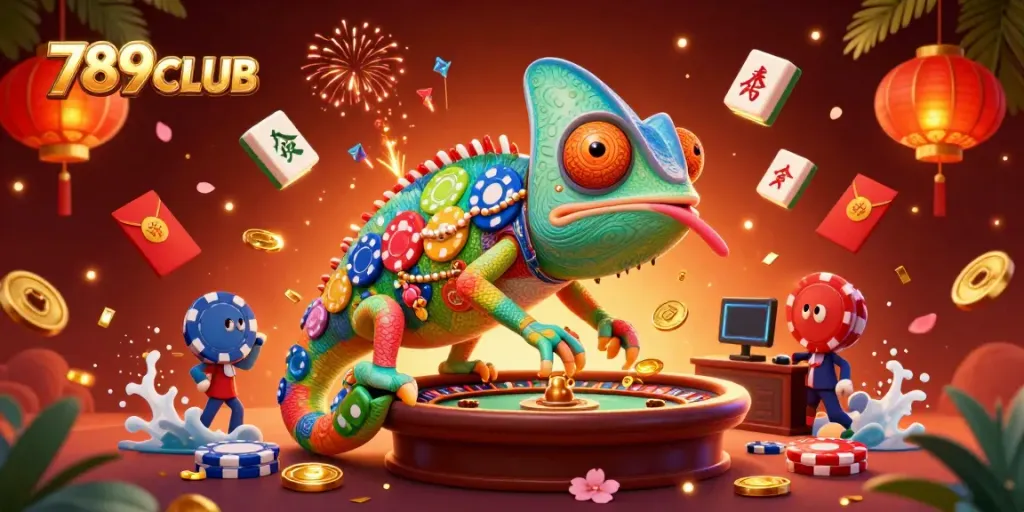 Experience the vibrant atmosphere of 789CLUB with our dynamic chameleon casino illustration.