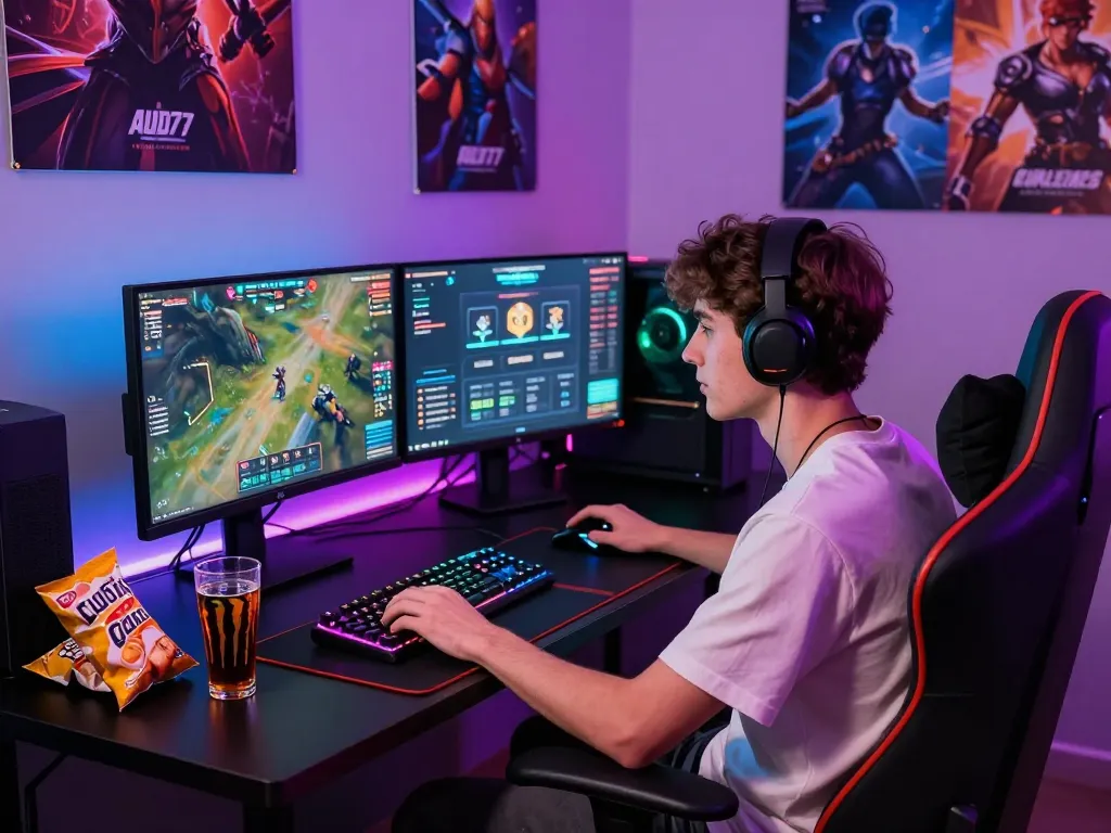 Engaged gamer enjoying aud77 online gaming in a vibrant and tech-savvy room atmosphere.
