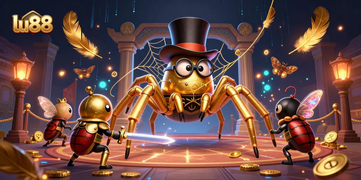 lu88 casino inspired illustration with a tarantula, beetle knight, and moths in a vibrant scene
