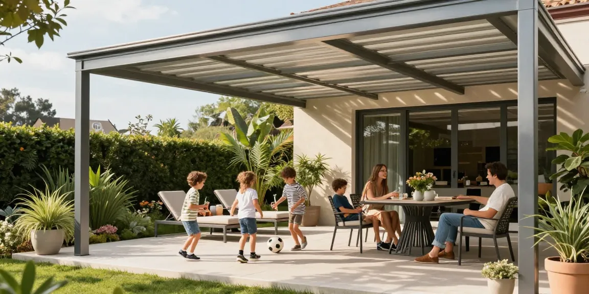 Familie genießt Zeit unter einer Terrassenüberdachung, umgeben von Gartenmöbeln und Pflanzen.