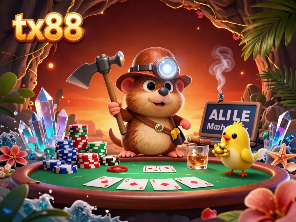 Cash in on the excitement of tx88 with a treasure hunter mole amidst glowing gems and poker action.