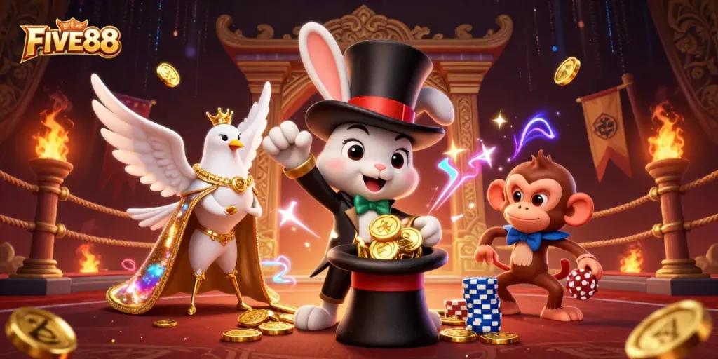 Experience FIVE88's vibrant casino magic with enchanting characters and dynamic gaming elements.