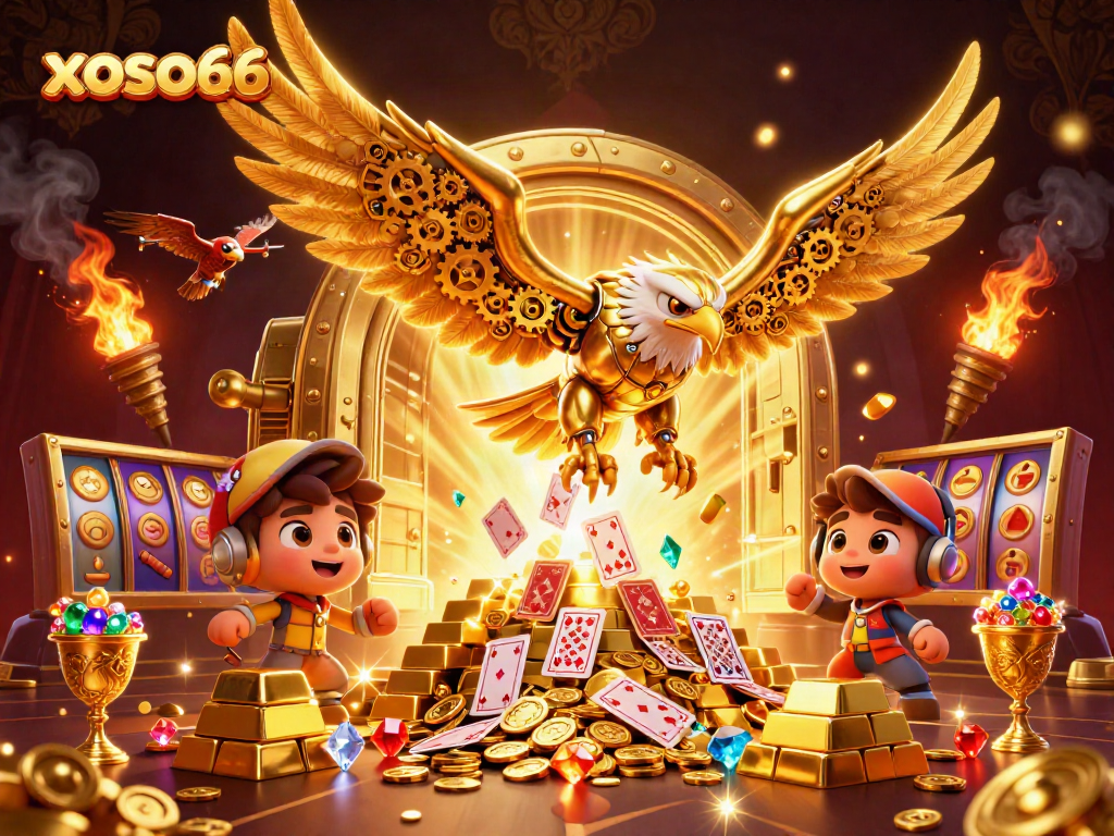 Experience the thrill at xoso66 with a cybernetic golden eagle amidst rich casino treasures.