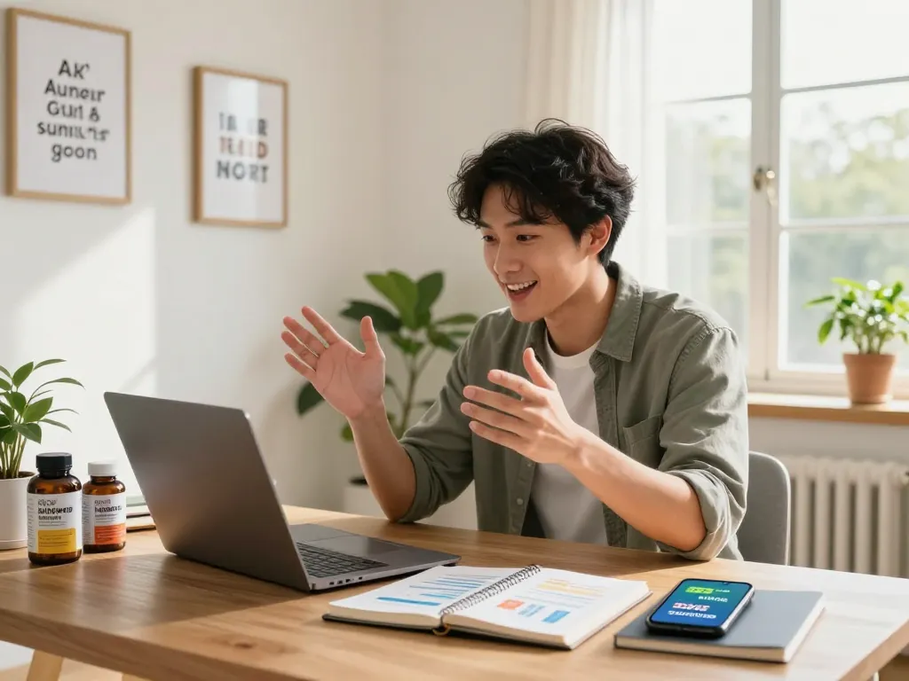 Dynamisches Homeoffice, in dem ein junger Unternehmer online Geld verdient seriös mit Gesundheitsprodukten erkundet.