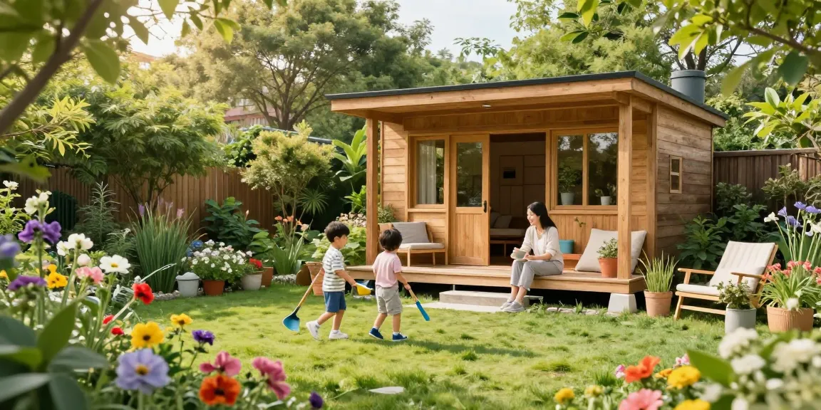 Geräumiges Gartenhaus in einem idyllischen Garten mit spielenden Kindern.