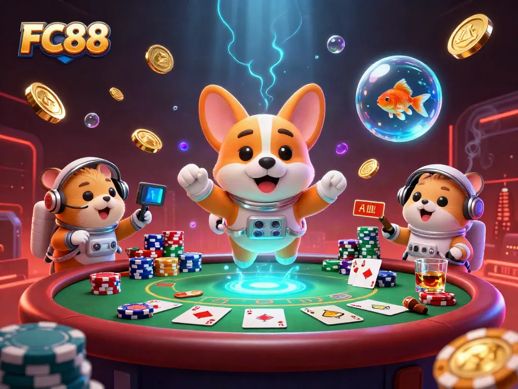 FC88 fosters engaging gameplay with a floating corgi and poker chips in a zero-gravity casino.