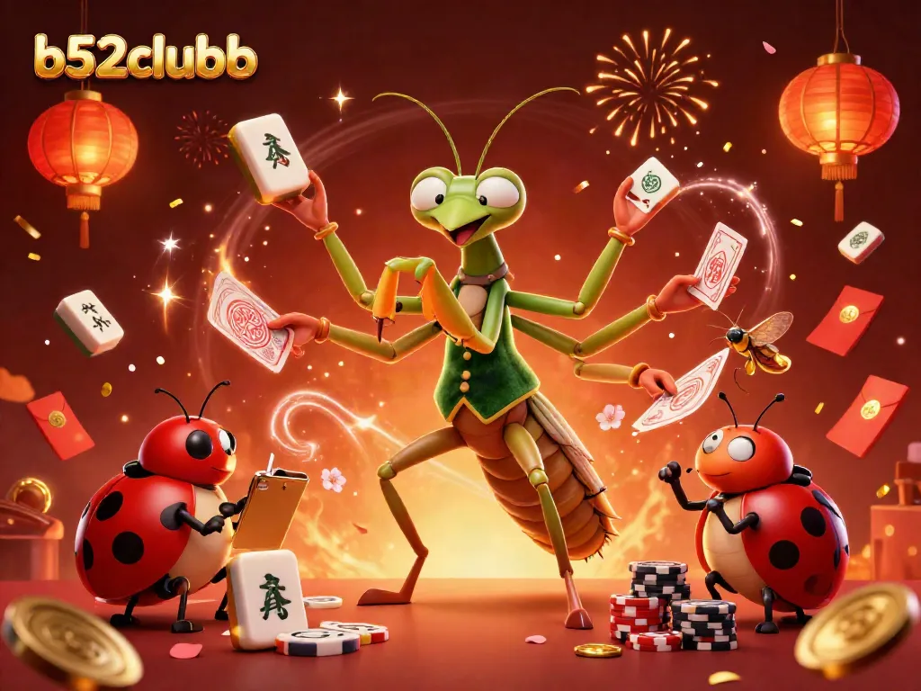 Experience vibrant gameplay at b52clubb with a lively casino scene featuring a praying mantis dealer.