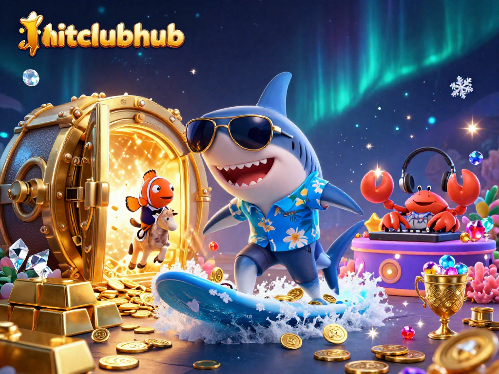 Experience the excitement of hitclubhub as a shark surfs gold coins amidst vibrant casino treasures.