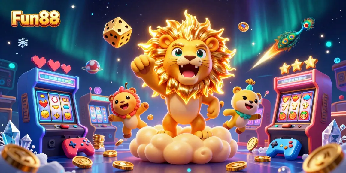 Engage with the vibrant Fun88 gaming scene featuring a majestic sun lion and dynamic casino elements.