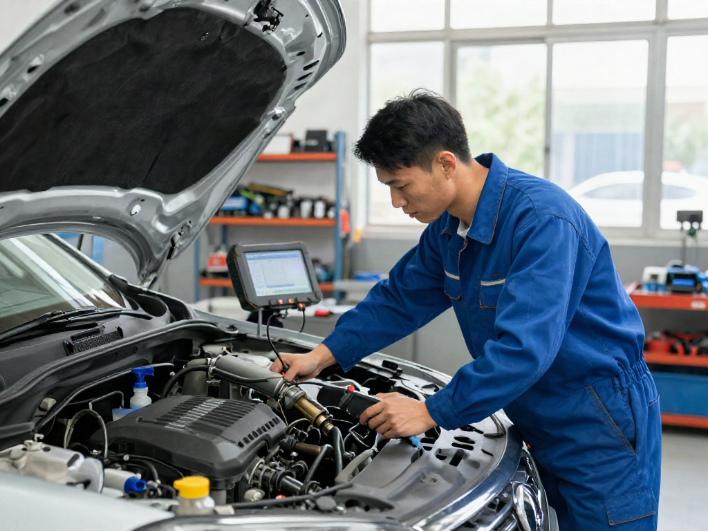 Mechaniker untersucht DPF zur Reinigung in modernem Werkstattumfeld