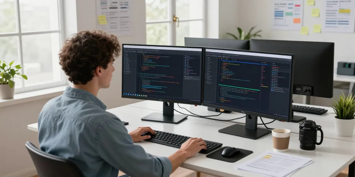 Windows 11 Enterprise LTSC 2024 Lizenz kaufen in einem modernen Software-Entwicklungsbüro mit dualen Monitoren und mobiler Softwareentwicklung.
