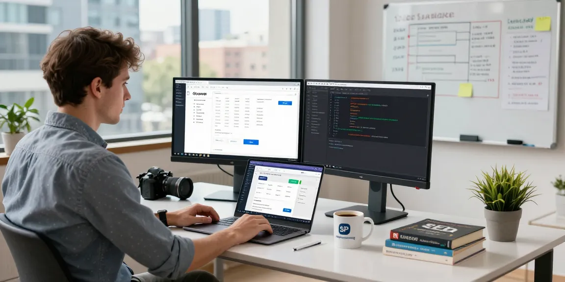 SP Webconsulting präsentiert einen professionellen E-Commerce-Arbeitsplatz mit Dual-Monitoren und digitalen Werkzeugen für die Shopware-Entwicklung.