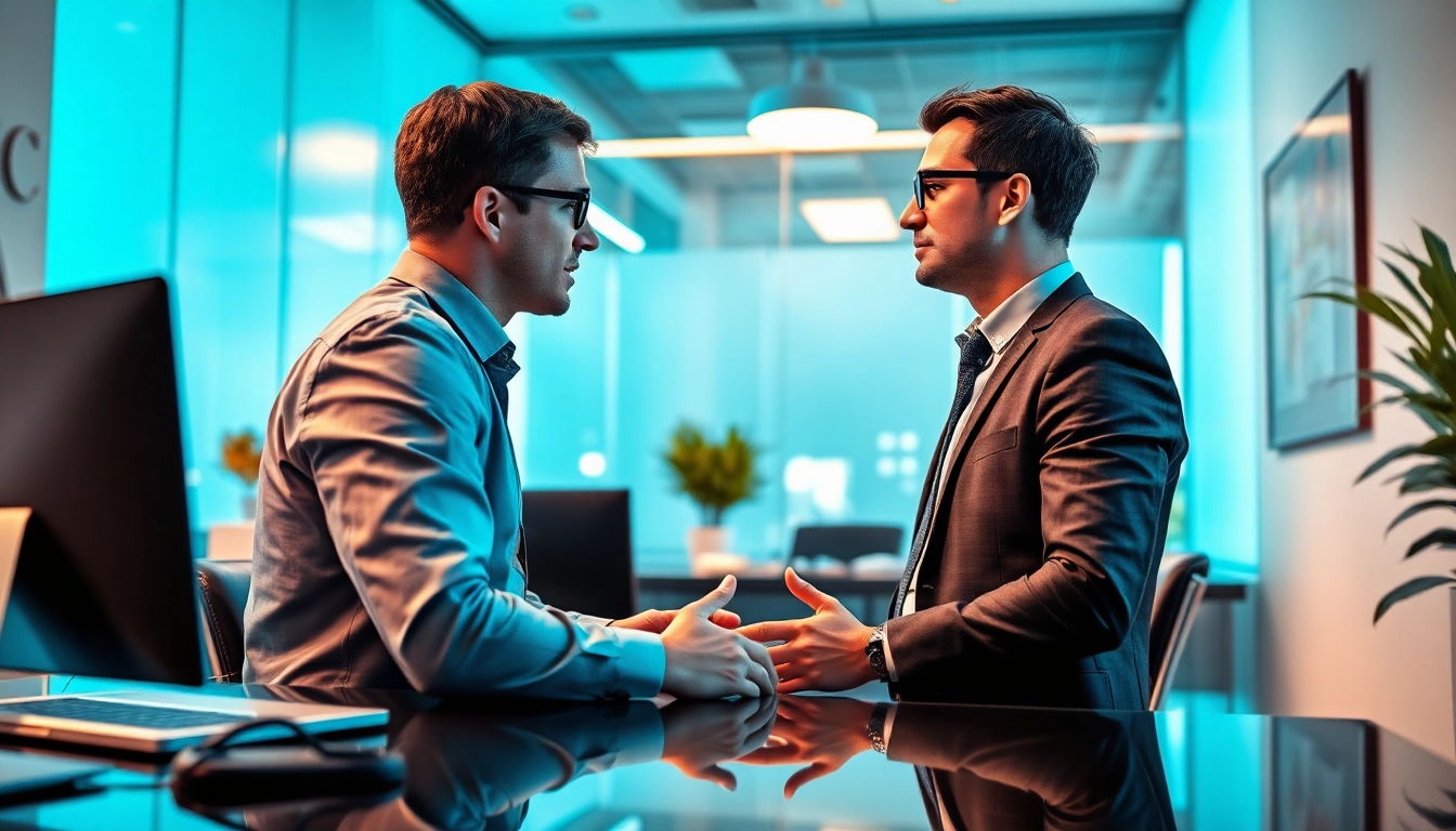 Headhunter Mannheim: Professioneller Headhunter führt Gespräch mit einem Kandidaten in einem modernen Büro.