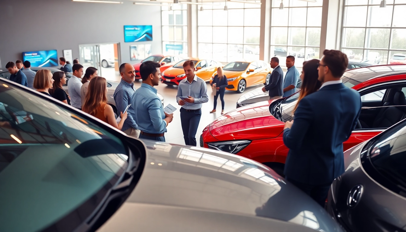 Auto kaufen: Interaktion zwischen Kunden und Verkäufern in modernem Autohaus