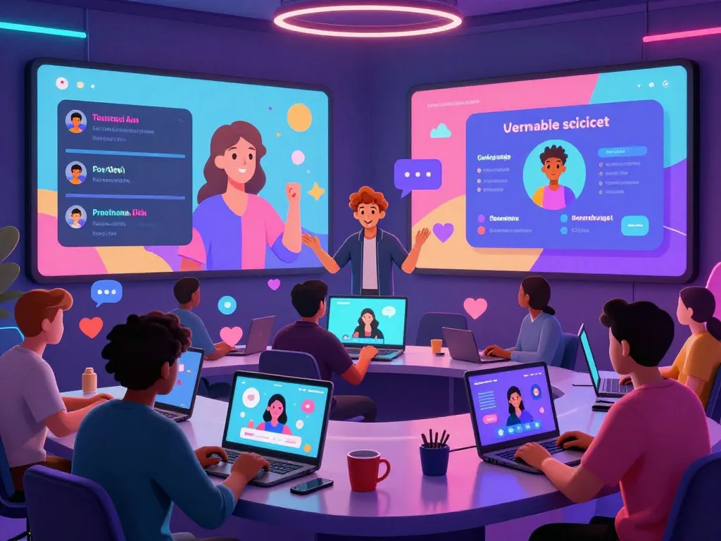 AI avatar engaging users in a vibrant chat room highlighting features of porn chat ai, with colorful animations and energetic atmosphere.