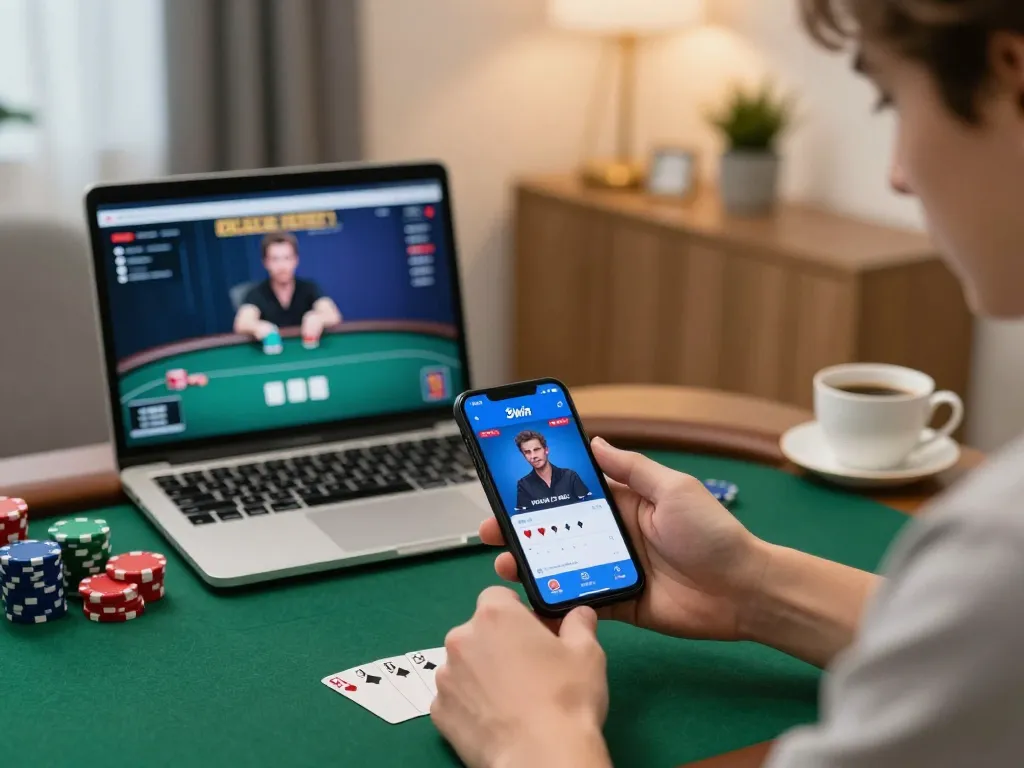 Engaged player strategizing on 33win's mobile app while enjoying a cozy gaming environment.