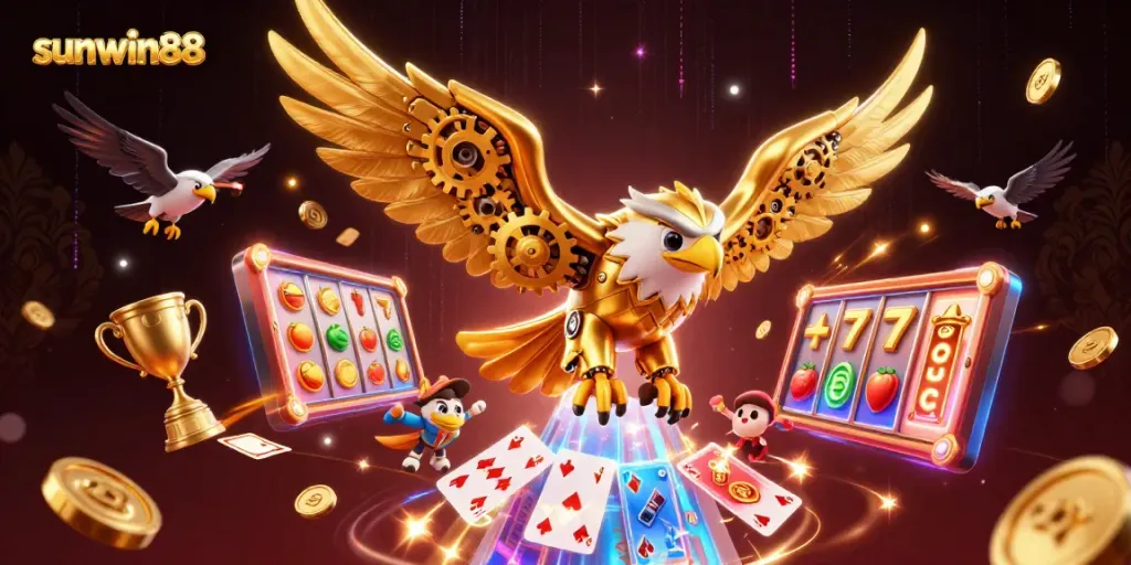 Experience the thrill of sunwin88 with a cybernetic golden eagle soaring through vibrant jackpot symbols.
