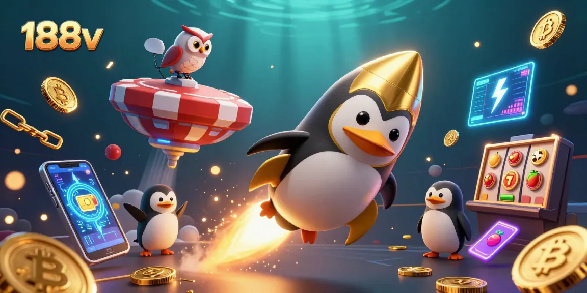 Play games at 188v with a thrilling casino scene of a golden penguin and slot treasures.