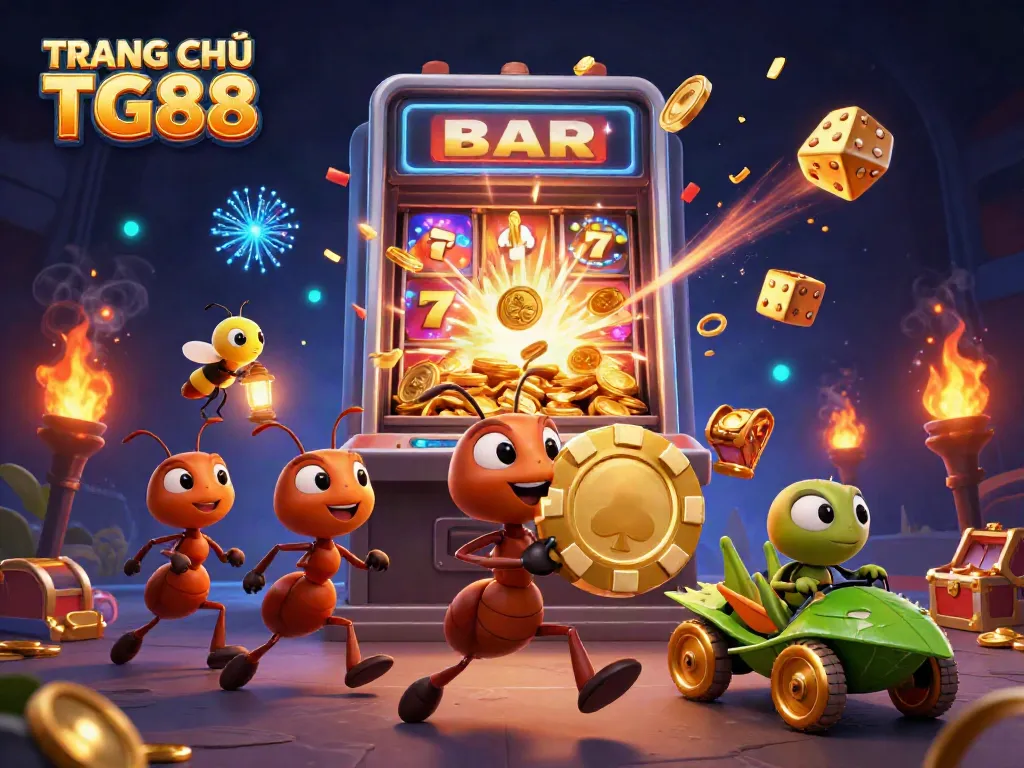 Ants carrying a giant golden poker chip at TRANG CHỦ TG88 among casino game elements and excitement.