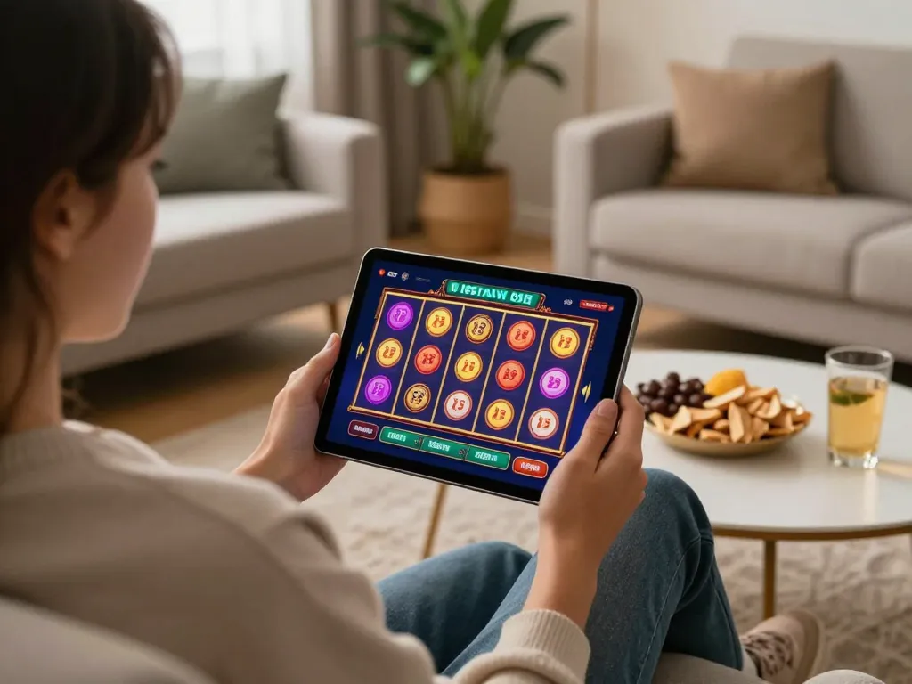 I9BET user enjoying online gaming with vibrant slot interface on tablet.