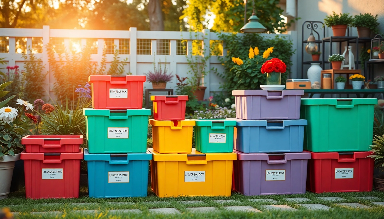 Multifunktionale Universalboxen, die in einem lebhaften Garten präsentiert werden und Organisation sowie Ästhetik im Freien fördern.