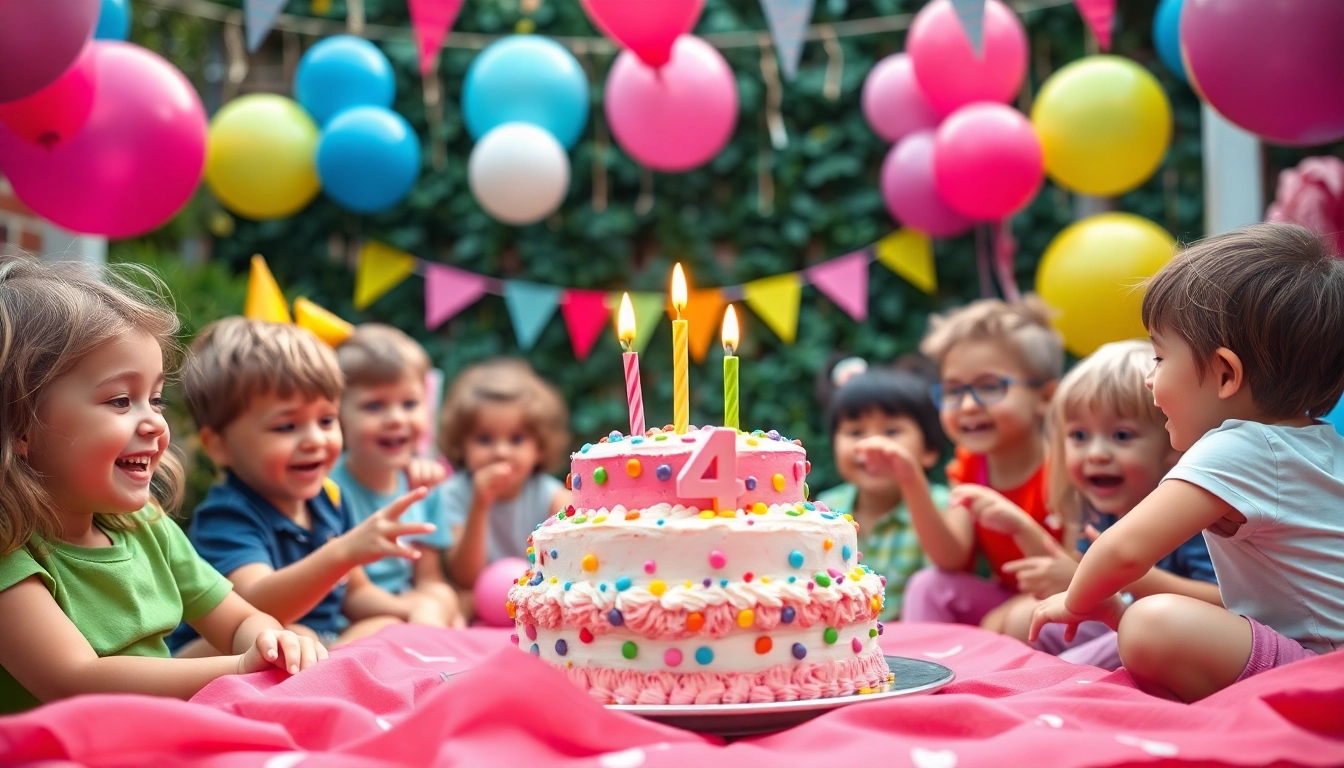 Kindergeburtstag 4 Jahre: fröhliche Kinderfeier mit buntem Kuchen und Spielen.