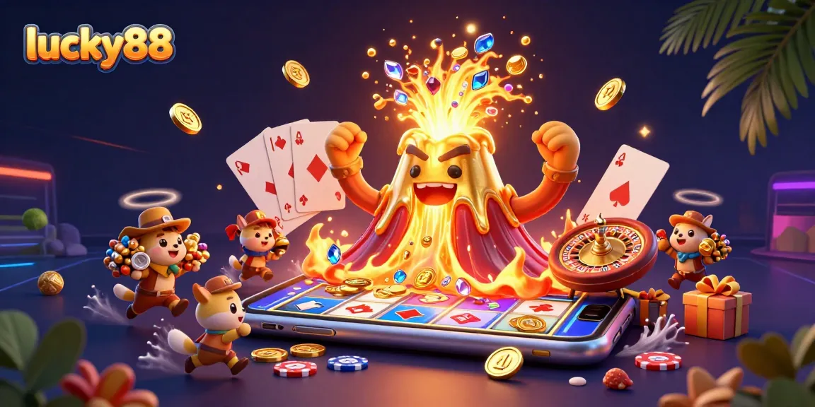 Experience the fun of lucky88 with a vivid 3D illustration of a volcano erupting coins, gaming elements, and treasures.