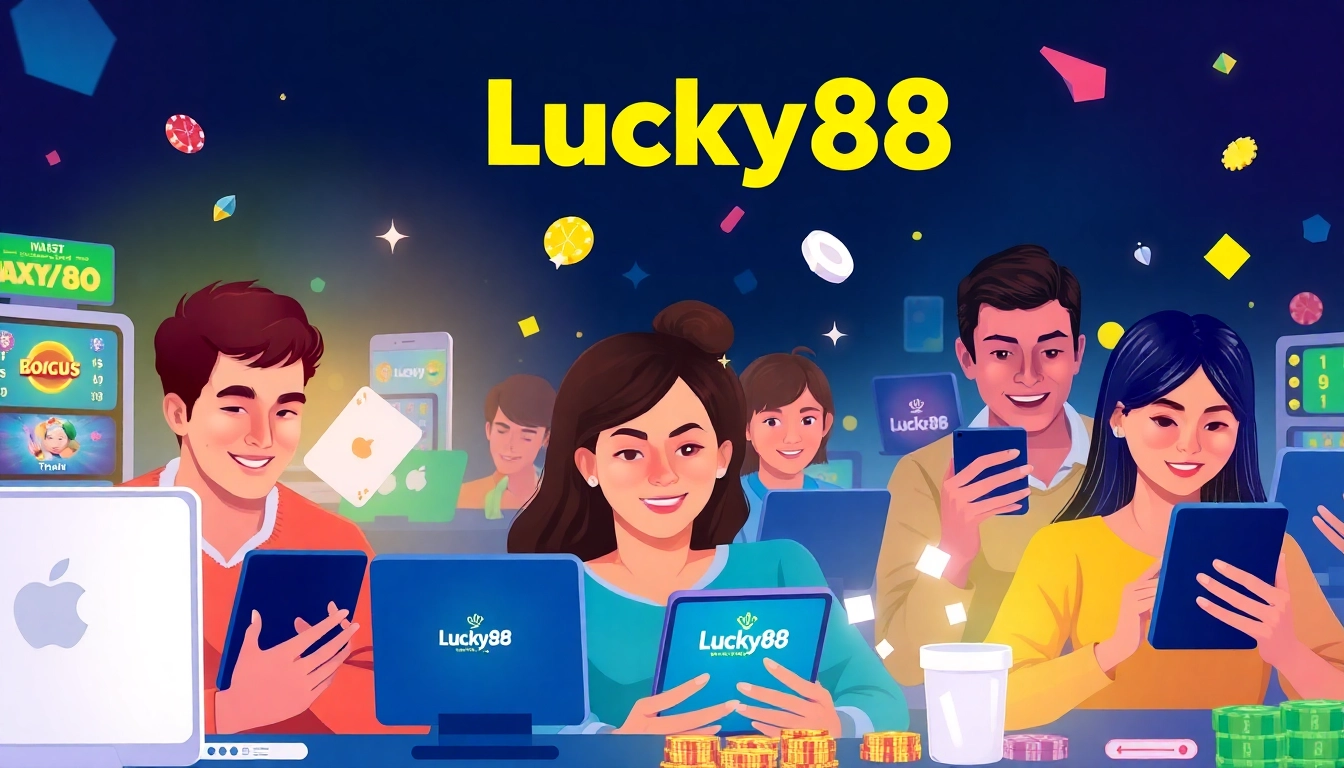 Engaging scene of diverse players enjoying lucky88 đăng nhập on digital devices, reflecting excitement and professionalism.