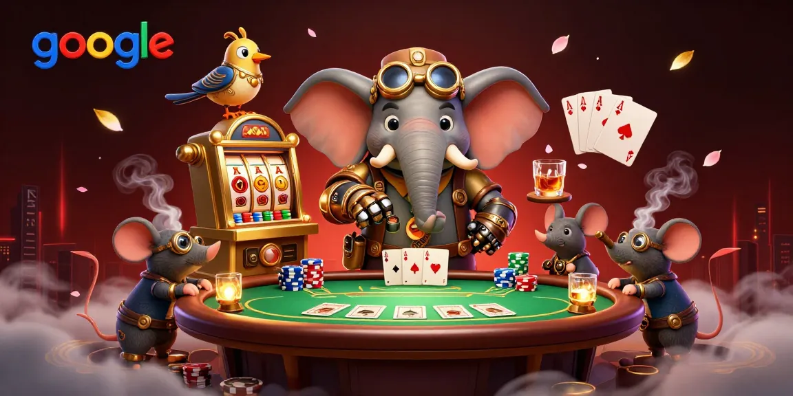 google themed casino scene featuring steampunk characters, vibrant poker elements