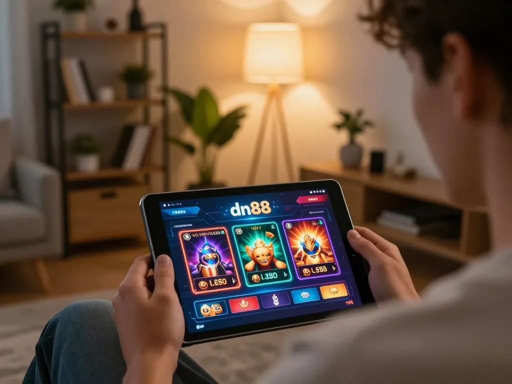 Engaging moment of a player accessing dn88's online casino on a tablet in a cozy home setting