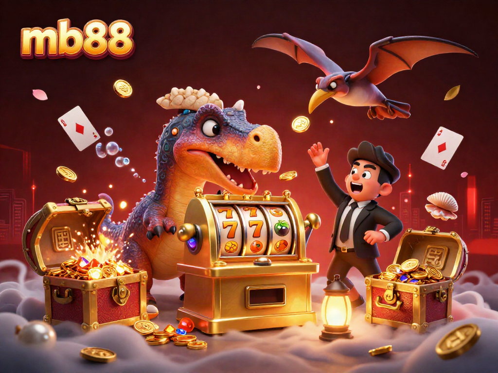 Experience the mb88 jackpot excitement with a 3D illustration of dinosaurs and a slot machine.