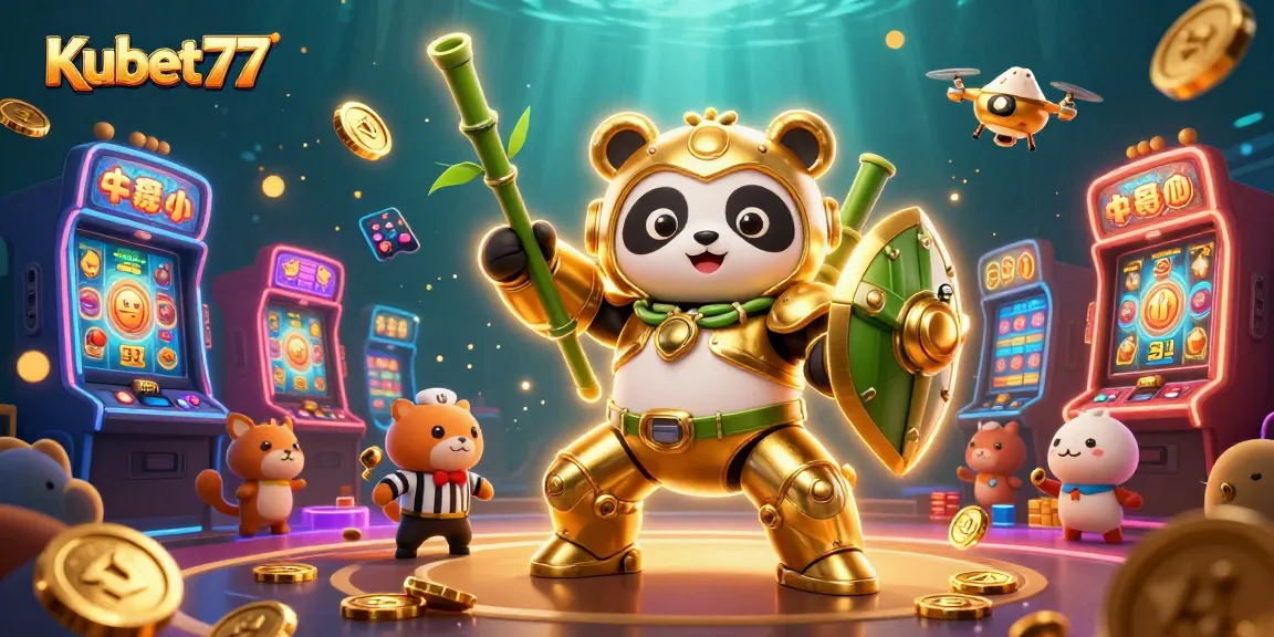 Kubet77's gaming adventure with a panda piloting a robot amidst a lively casino scene.