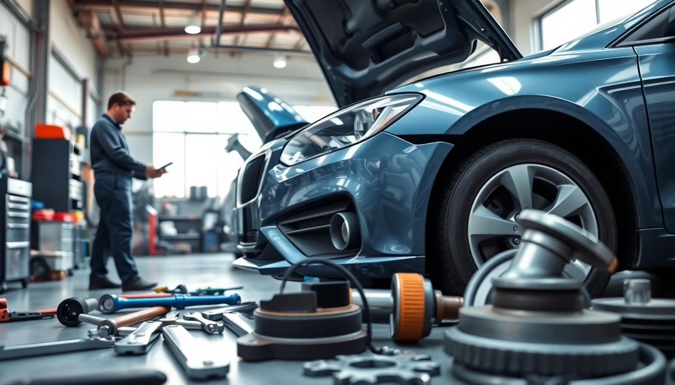 Motorschaden Ankauf: Mechanic inspecting damaged vehicle in a professional workshop.
