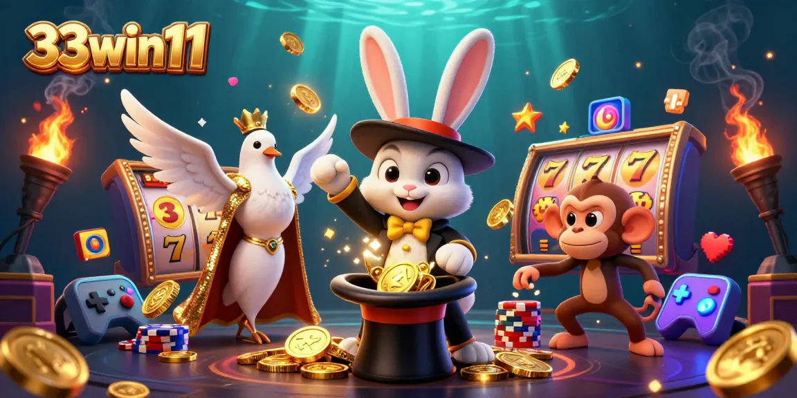 Engage with 33win11's vibrant casino world through magic and adventure in this dynamic illustration.