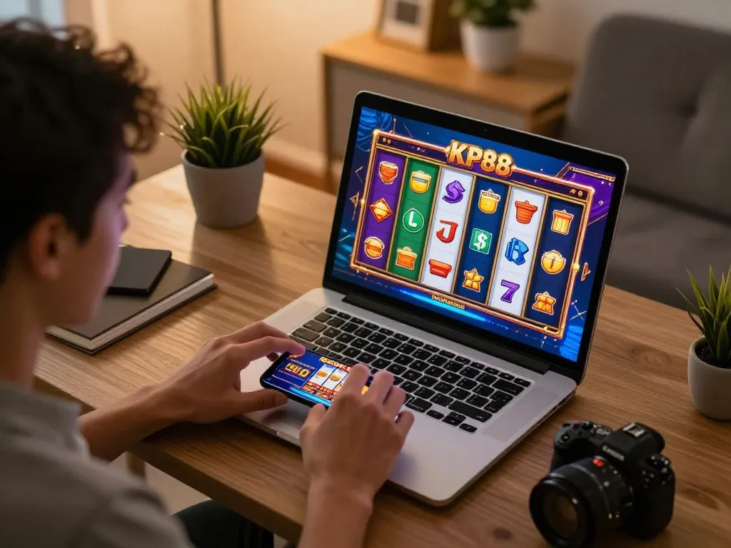 Experience thrilling gameplay at KP88 online casino, showcasing vibrant slot reels and user engagement.