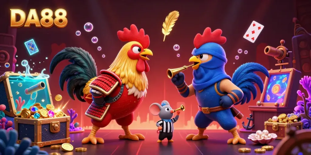 Witness the DA88 standoff between fighting roosters in this vibrant casino-themed scene.