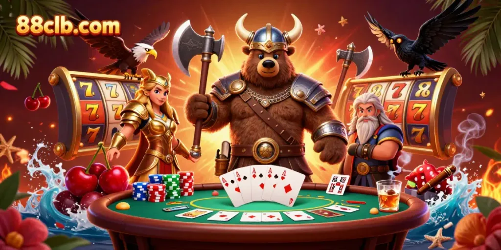Experience gaming excitement at 88clb-com with an action-packed slot game scene, featuring vibrant characters.