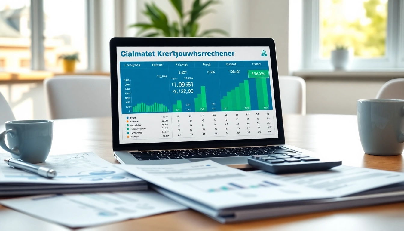 Kreditvergleichsrechner in einem modernen Büro, das Finanzdokumente und einen Laptop zeigt.