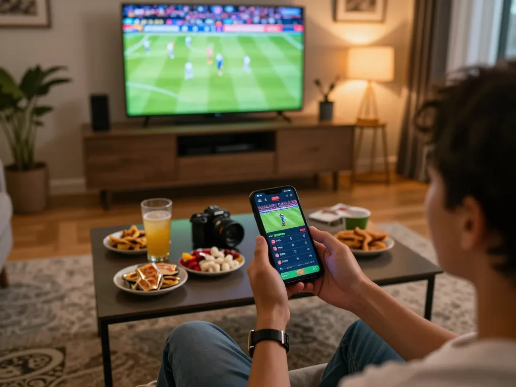 Engaging sports betting scene with live app on smartphone for gamblers at https://ok365.br.com