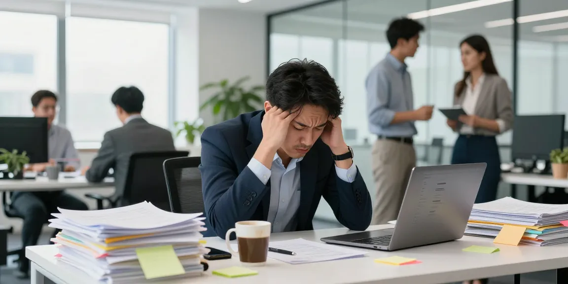 Stress mit Chef: Angespannter Mitarbeiter im modernen Büro, umgeben von Papieren und Laptop.